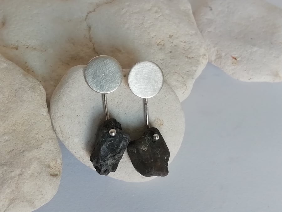 Silver Disc and Beach Pebble earrings