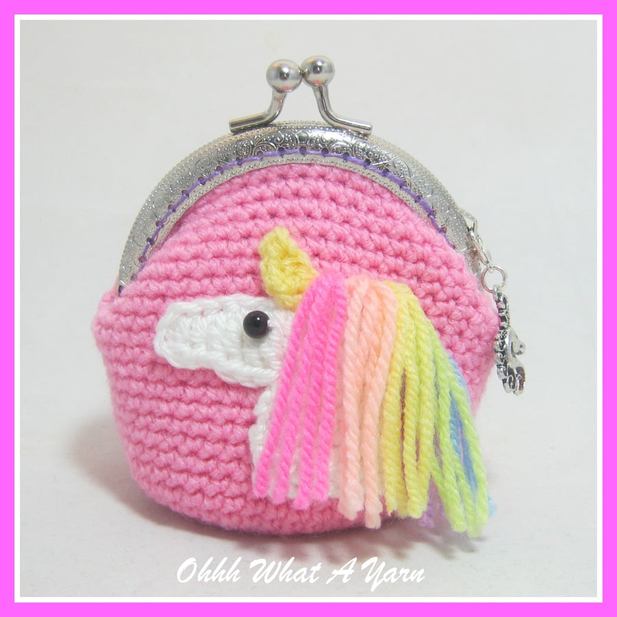 Pretty pink rainbow unicorn crochet coin purse