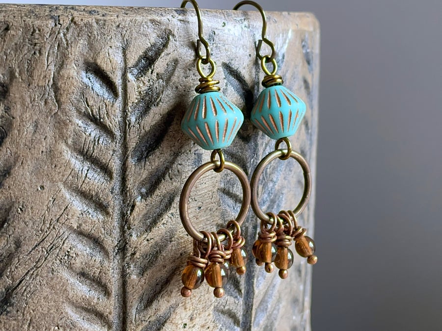 Bohemian Style Cluster Earrings. Turquoise & Amber Glass Bead Earrings