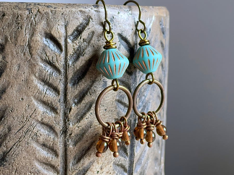 Bohemian Cluster Earrings. Turquoise & Amber Czech Glass Earring. Autumn Earring