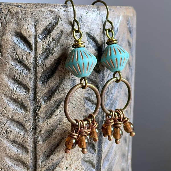 Bohemian Cluster Earrings. Turquoise & Amber Czech Glass Earring. Autumn Earring