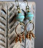 Bohemian Cluster Earrings. Turquoise & Amber Czech Glass Earring. Autumn Earring - Image 1