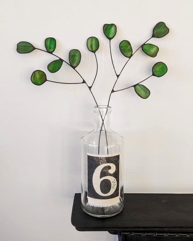 Stained Glass Flower, Eucalyptus Tiffany Suncatcher, Glass Leaves Stem