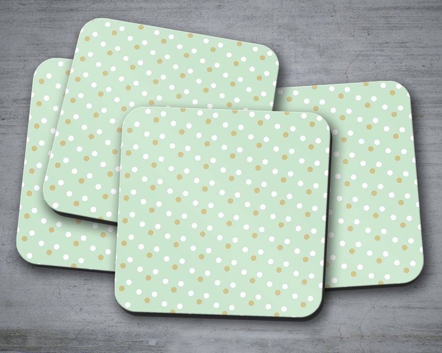 Set of 4 Mint Green with White and Gold Spots Design Coasters