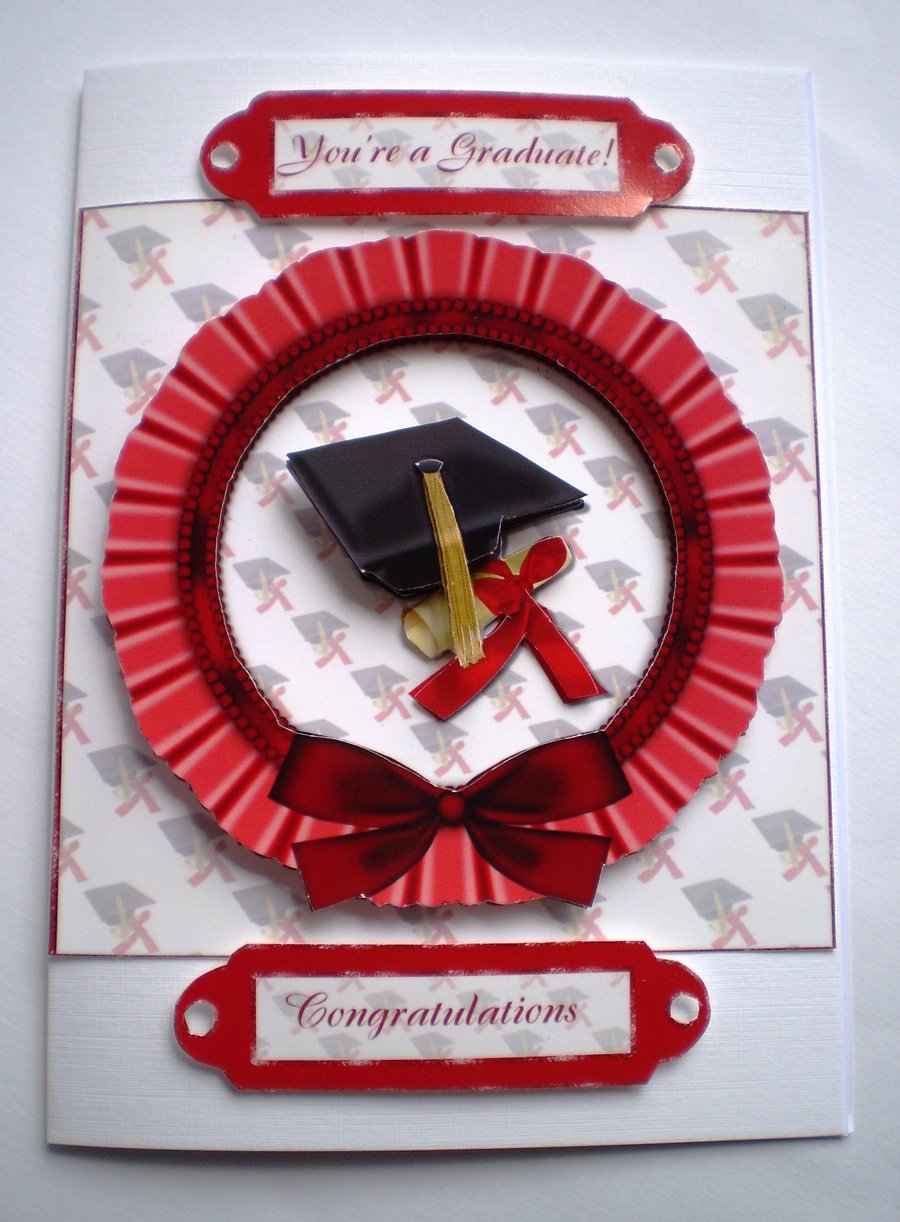 Handmade Graduation Card, rosette and mortar board personalise