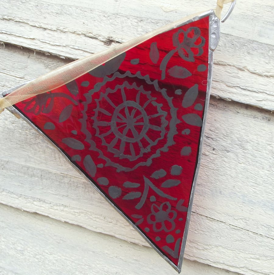 Stained Glass, Indian Summer Sun, Hand Painted Yellow and Red Bunting