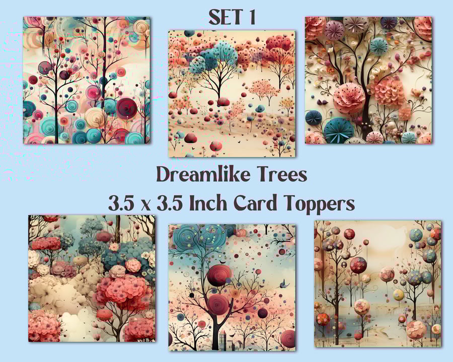 Fantasy Dreamlike Trees Square Card Toppers for Card Making, Tags, Scrapbooks
