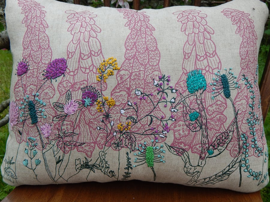 Foxglove and Hedgerow Cushion - Screen printed with hand embroidery