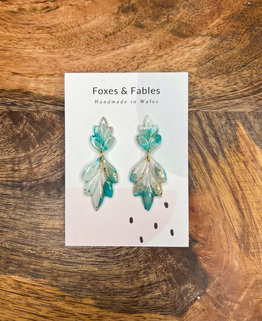 Aqua and White Leaf Feather Statement Earrings