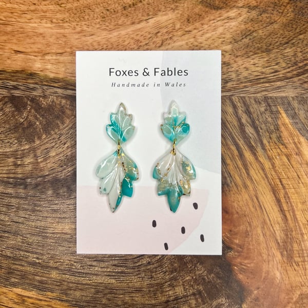 Aqua and White Leaf Feather Statement Earrings