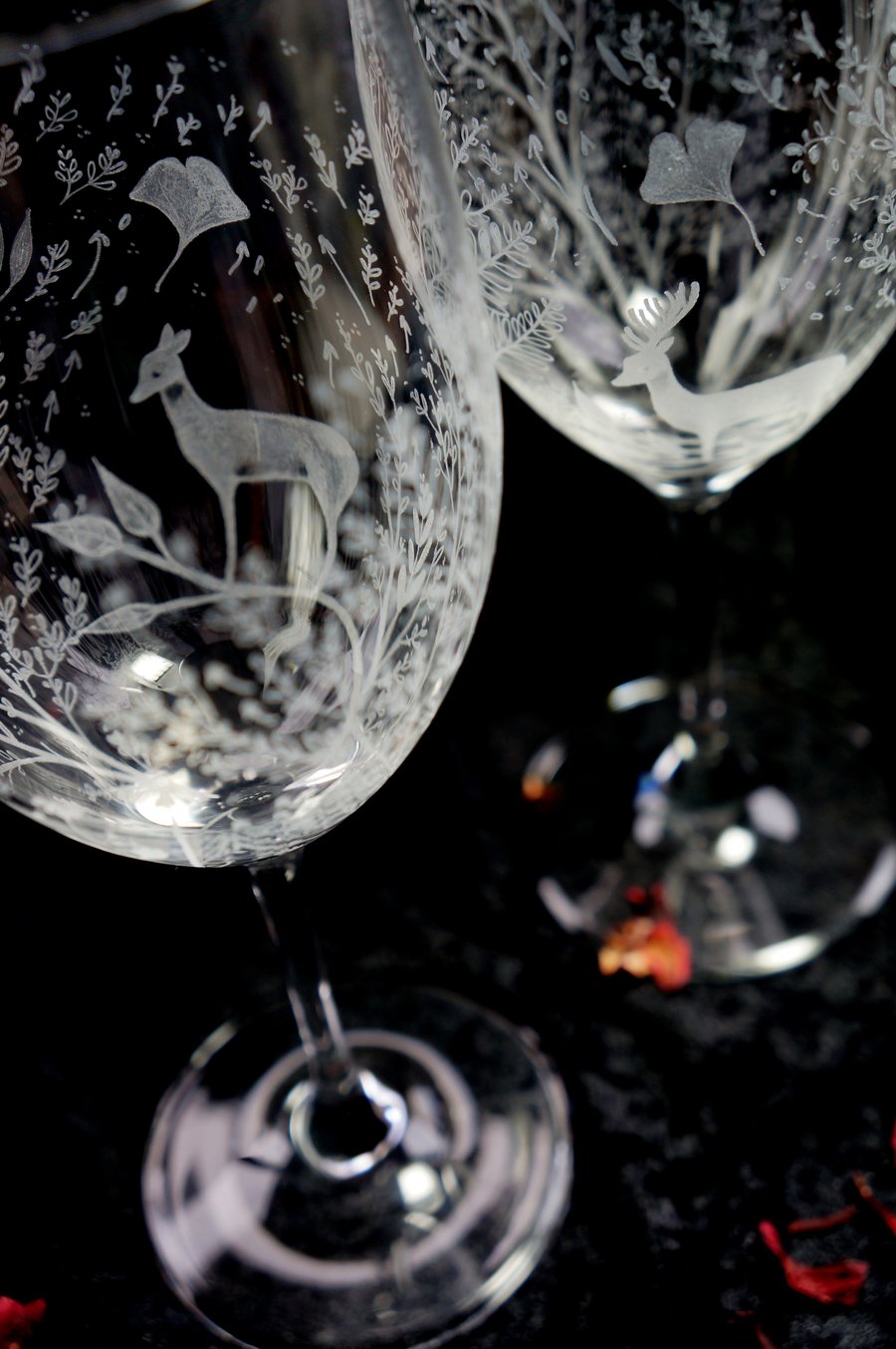 Pair of Hand Engraved Bohemia Crystal Wine Glasses, Deer & Floral Engravings