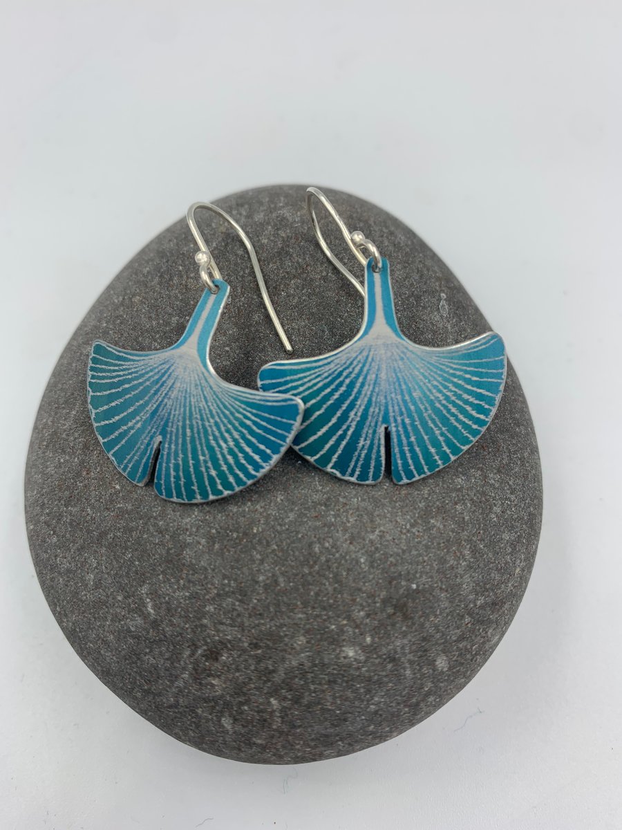 Teal aluminium ginkgo leaf earrings