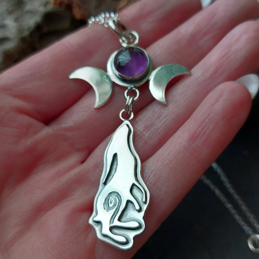Silver Hare and moon drop necklace with triple moon and amethyst 