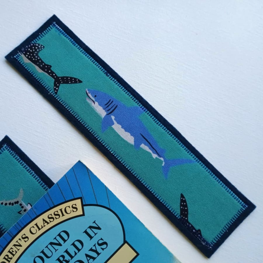 Shark bookmark- textile bookmark in aqua blues and navy