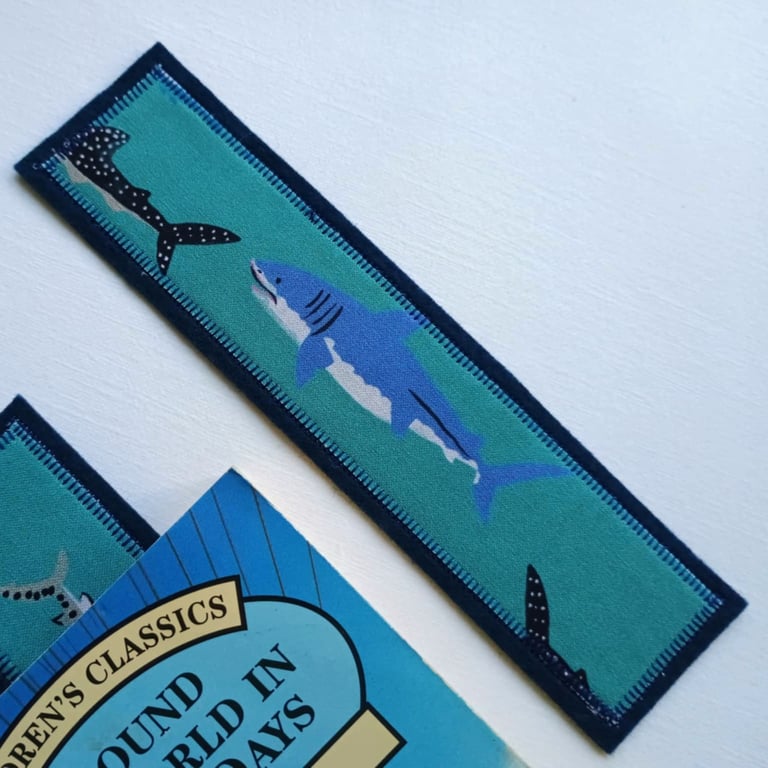 Shark bookmark- textile bookmark in aqua blues and navy