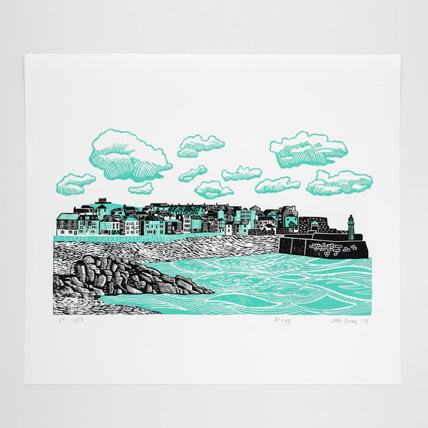 "St Ives" two colour lino print, Cornwall, seaside, coast