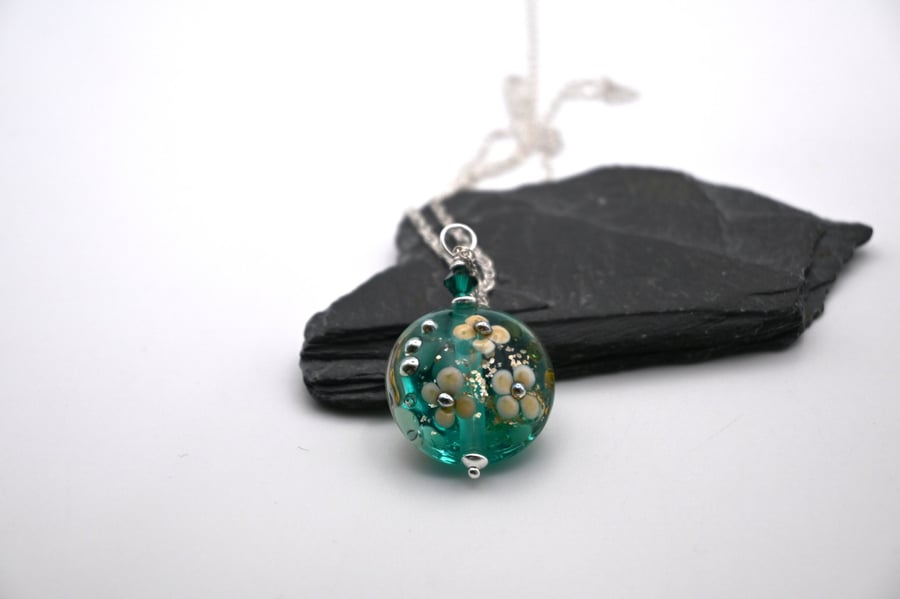 lampwork glass teal green flower pendant necklace