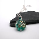 lampwork glass teal green flower pendant necklace