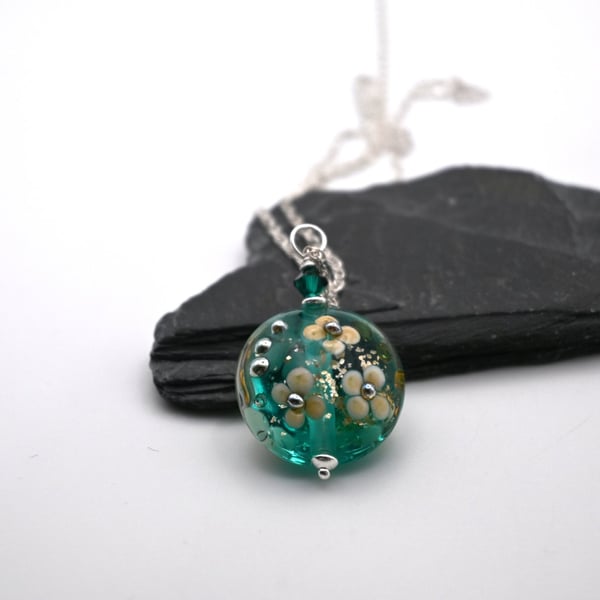 lampwork glass teal green flower pendant necklace