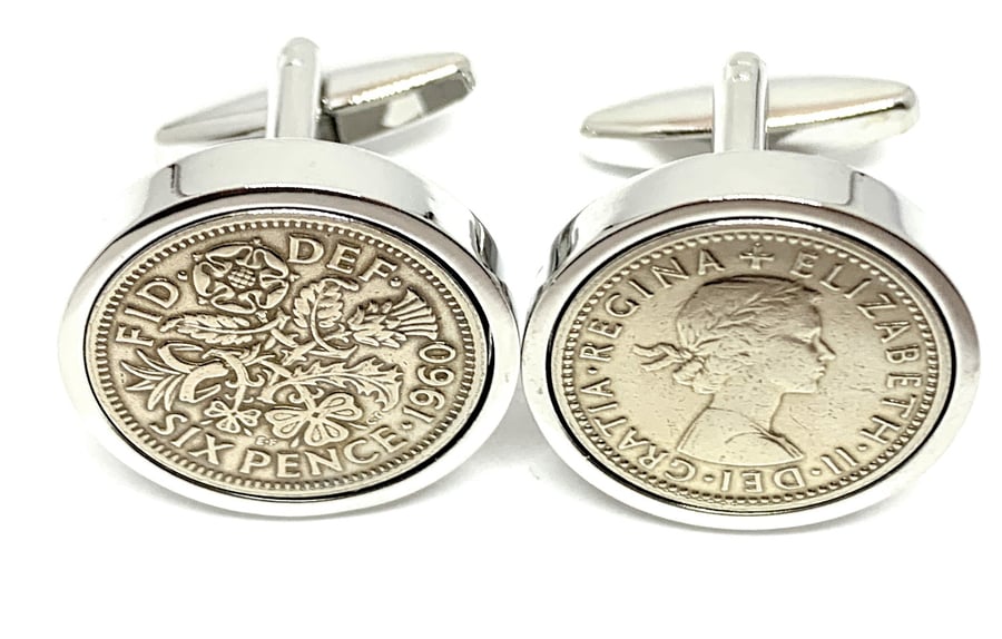 1956 Sixpence Cufflinks 65th birthday. Original sixpence coins Great gift HT