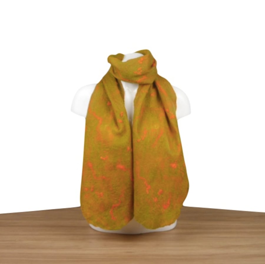 Felted scarf, lichen green and orange with orange highlights SALE