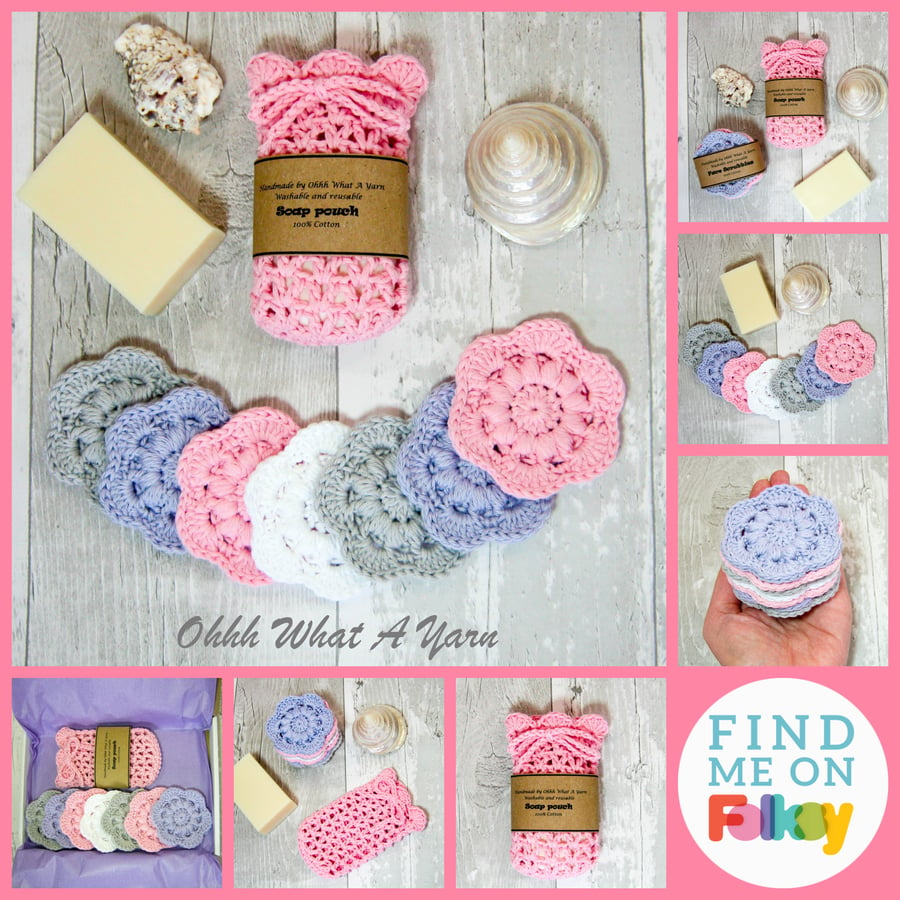 Pastel cotton scrubbies and soap saver, soap pouch. Face wipes. Soap sock.