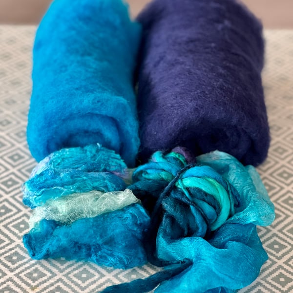 Nuno Felt Hat and Cowl on a Ball Course - Navy & Sea Blue Green Materials Kit