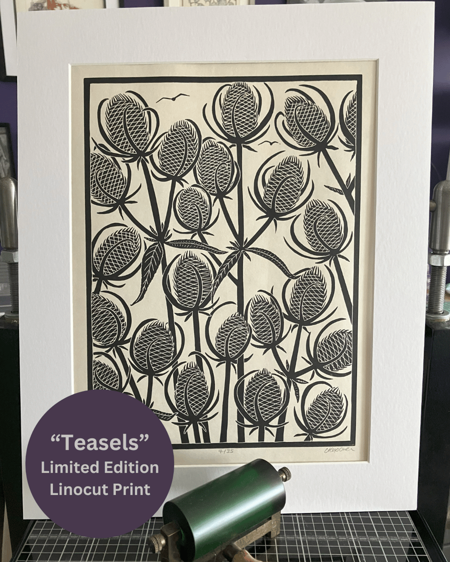 Linocut Print - Teasels - Seedhead Print - Limited Edition