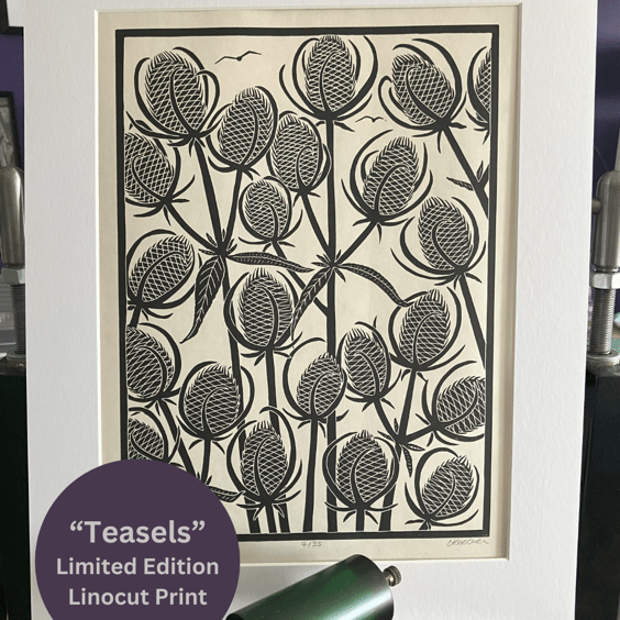 Linocut Print - Teasels - Seedhead Print - Limited Edition
