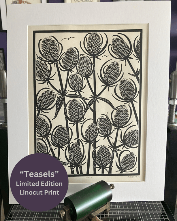Linocut Print - Teasels - Seedhead Print - Limited Edition
