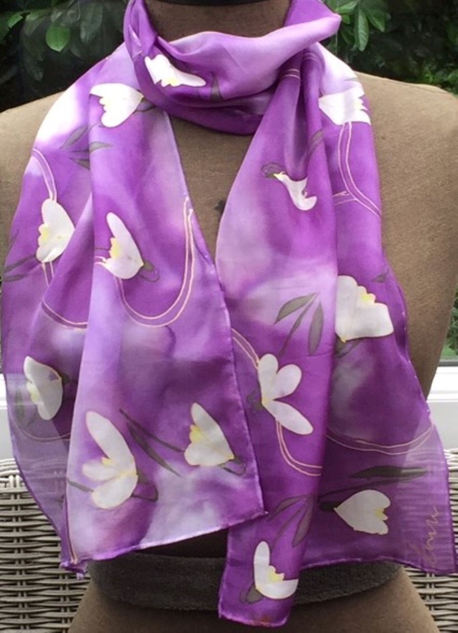 Snowdrops hand painted silk scarf