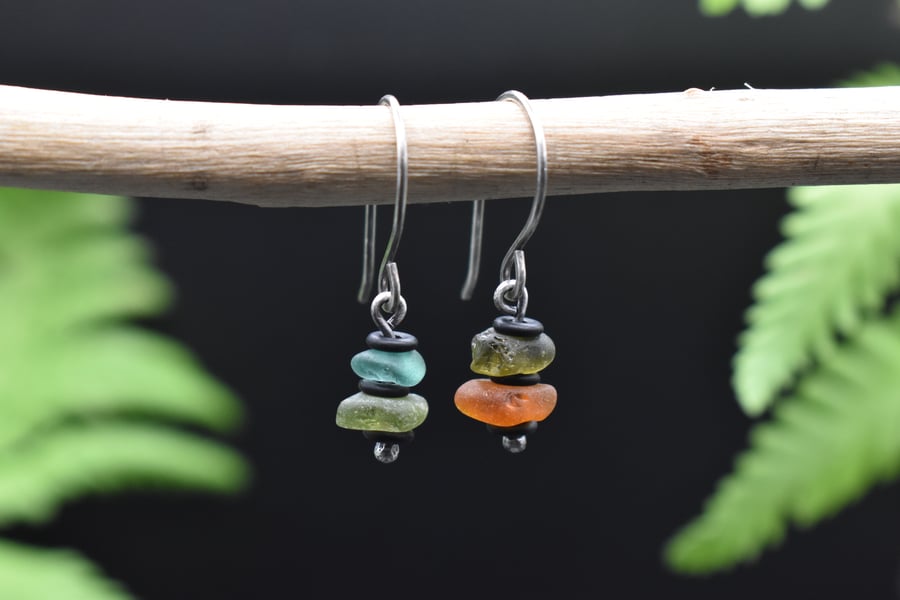 Highland Sea Glass and Sterling Silver Mismatched Stacked Earrings