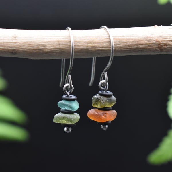 Highland Sea Glass and Sterling Silver Mismatched Stacked Earrings