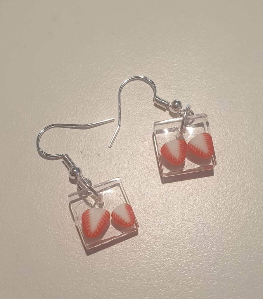 Square strawberry resin earrings