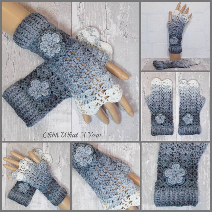 Grey and white ombre ladies crochet gloves, finger less gloves. . Lace gloves.
