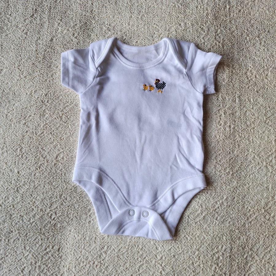 Hen and Chicks, Baby Vest, age 0-3 months, hand embroidered