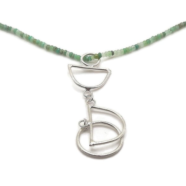 chrysoprase bead necklace with sterling silver wire geometric shape drop pendant