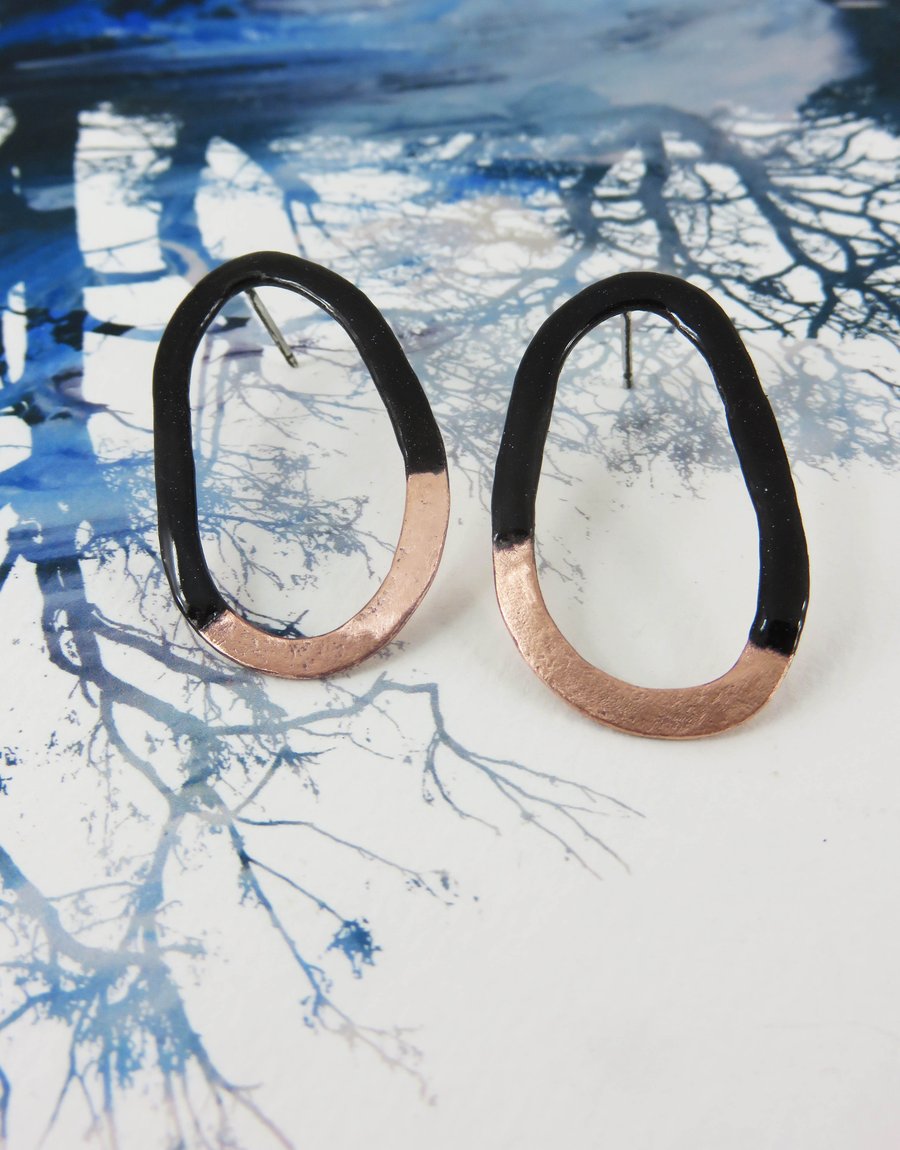 Unique Black Enamel and Copper Oval loop Earrings.