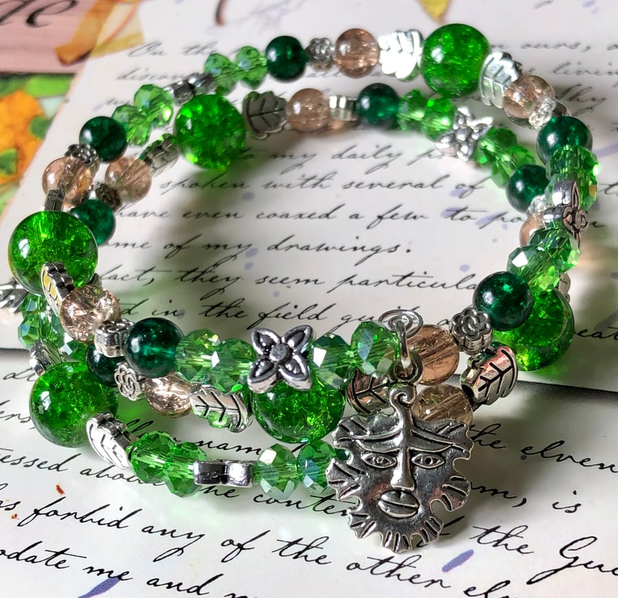 The Green Man Brown and Green Beaded Wrap Bracelet