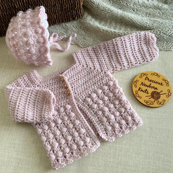 Hand Crocheted Baby Girl Cardigan & Bonnet Set – Mushroom, 3–6 Months