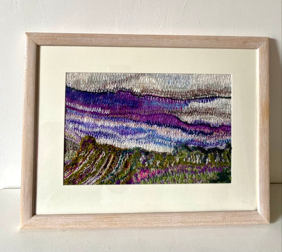 Breathe, an outdoor meditation, hand embroidered abstract landscape 