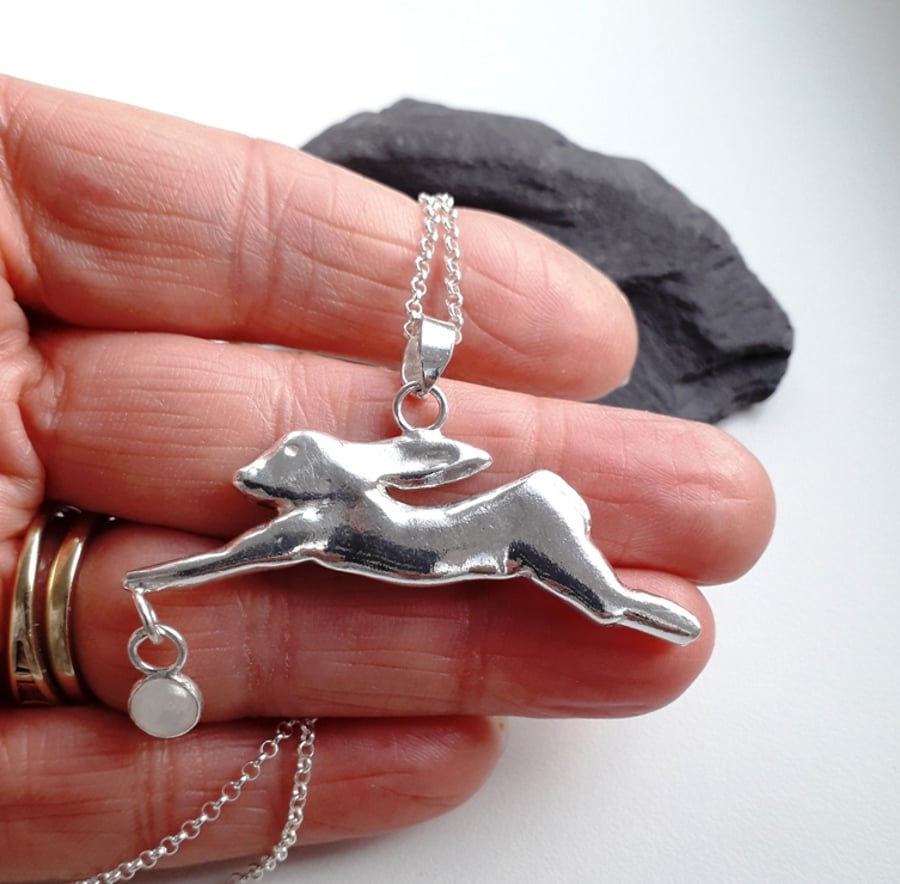 Hare chasing moonstone necklace sterling silver hallmarked handmade