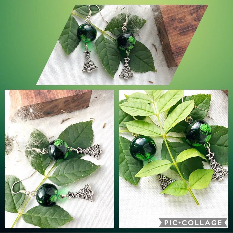 Galactic Green Christmas Tree Charm Dangle Drop Earrings