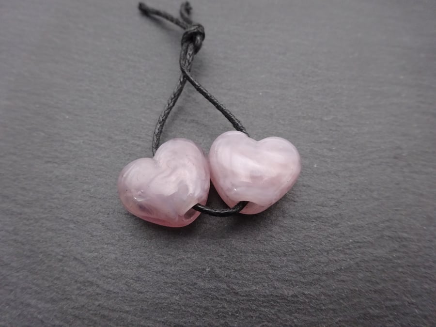 lampwork glass beads, lilac heart pair