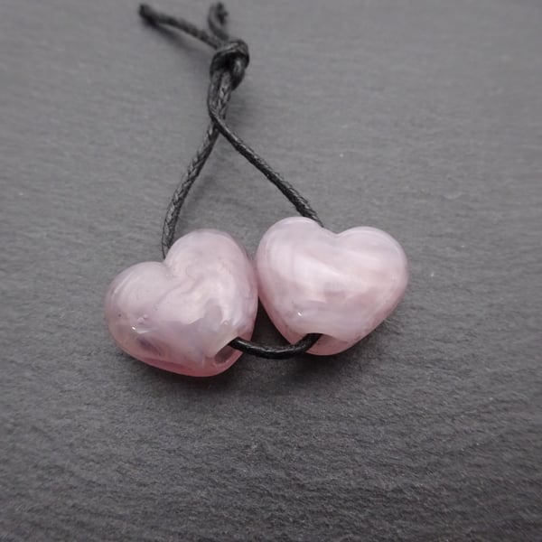 lampwork glass beads, lilac heart pair