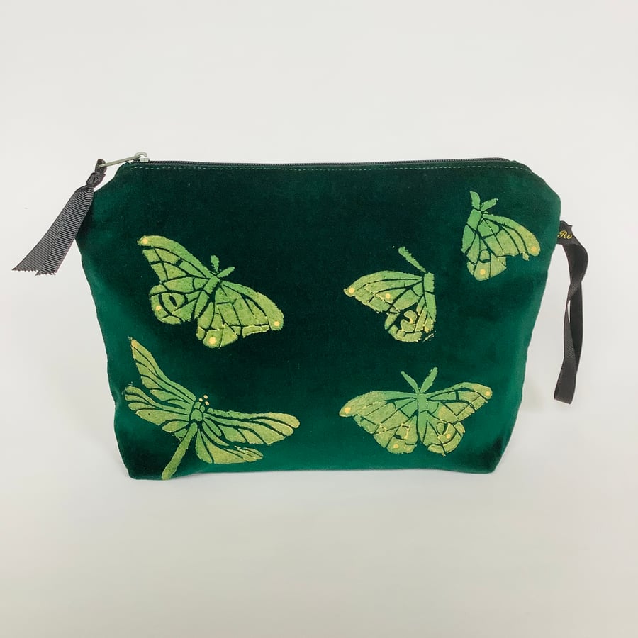 Butterfly Print Velvet Zip-Up Pouch; Makeup Bag; Hand printed Purse