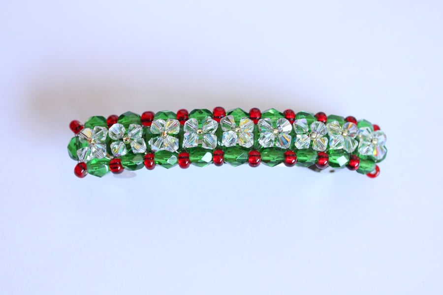 Christmas bead and crystal hair clip, Red and green barette, Hair accessory