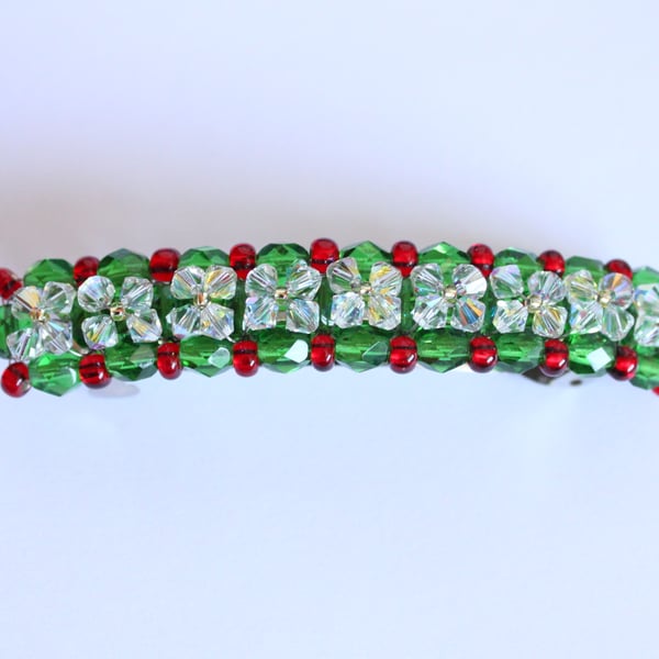 Christmas bead and crystal hair clip, Red and green barette, Hair accessory