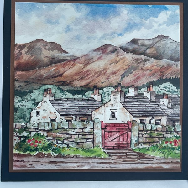 Village by the mountains layered greetings card