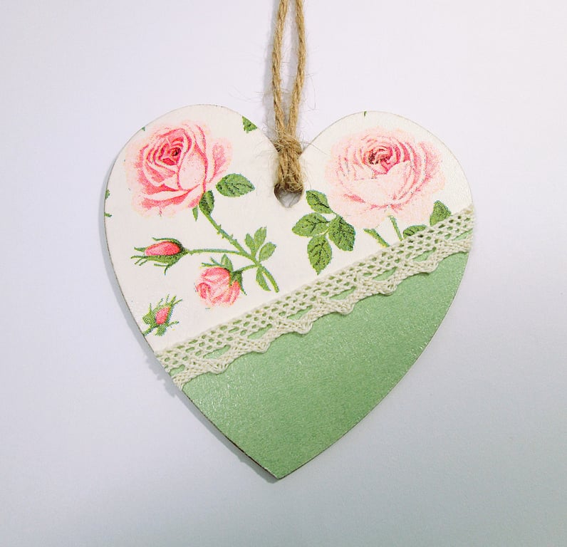 Pink roses wood decoupage and lace heart hanging decoration